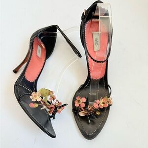 Prada Vintage Leather Black Pink Flower Boquet ankle strap high heel sandals 40